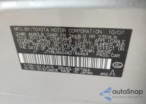 2008 Lexus Es 350 from USA, damaged, VIN JTHBJ46G482186464